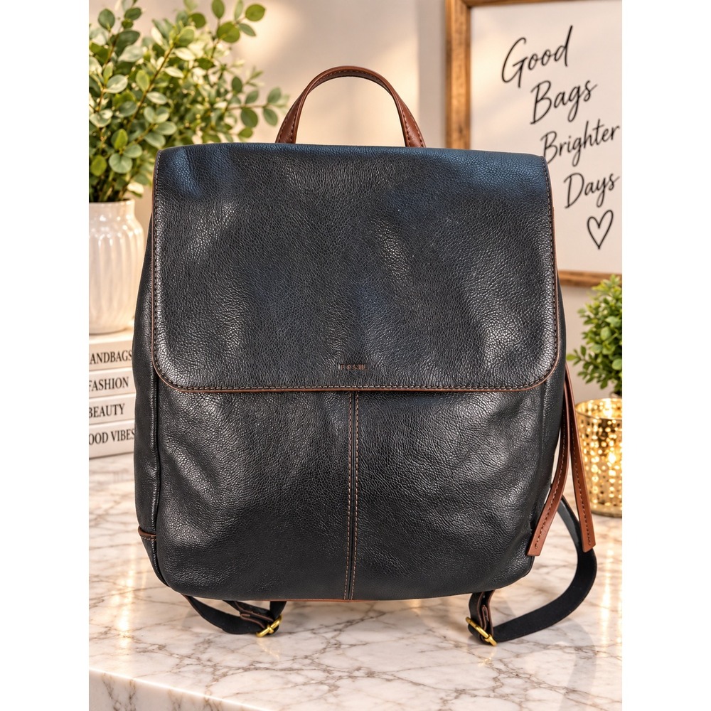 Fossil Claire Black Pebbled Leather Backpack Brown Trim ZB7639